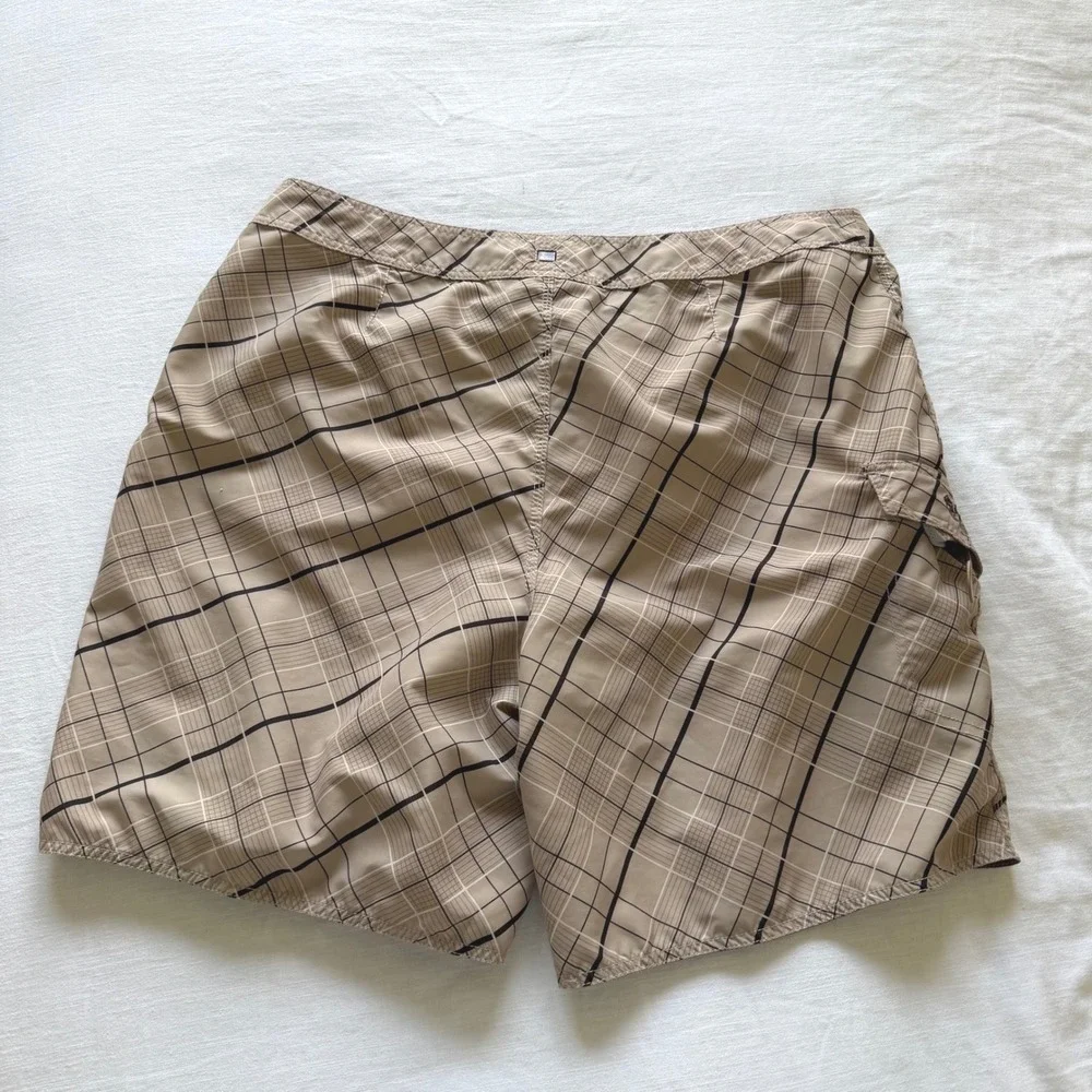 Y2K Quiksilver Plaid Board Shorts Tan Black Cargo Pocket Swim Trunks Size 40